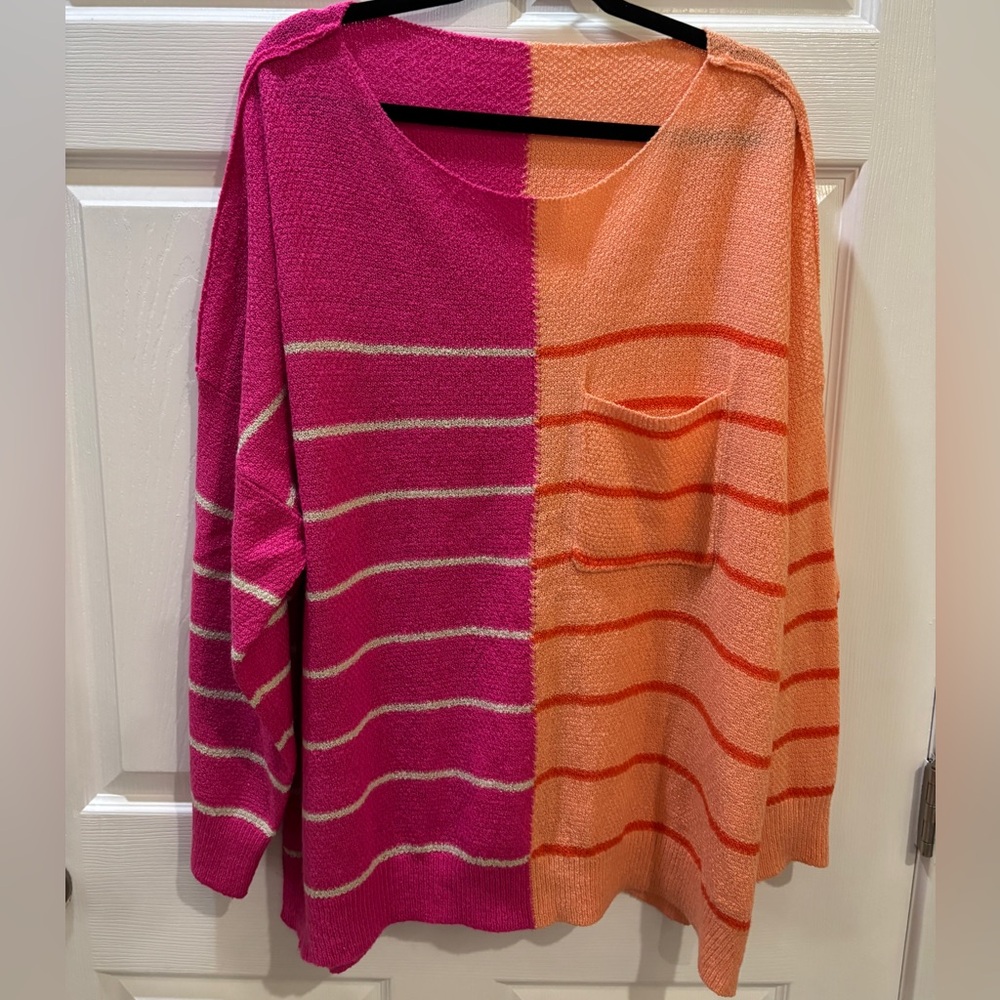 Colorblock Striped Sweater - Pink and Orange